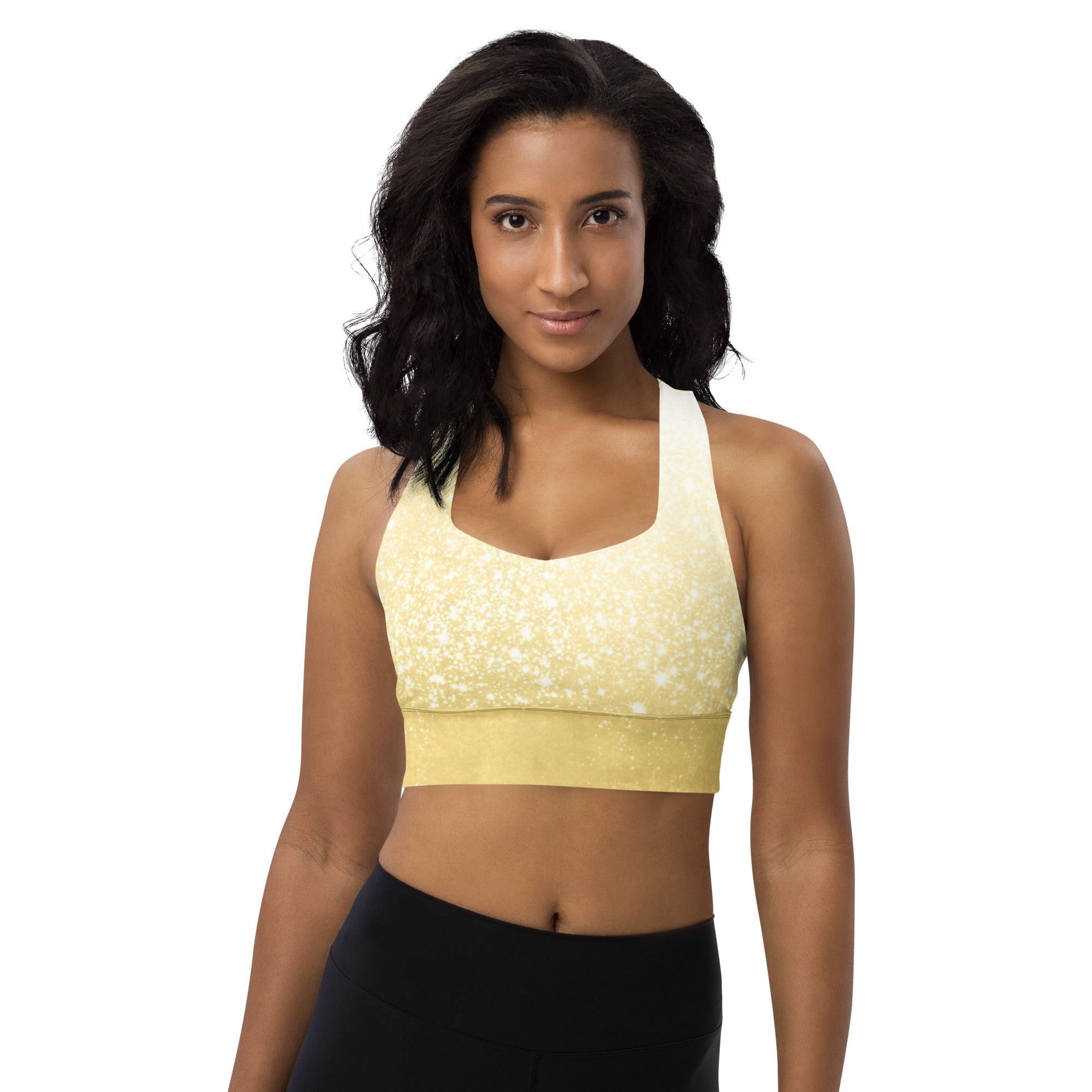 Sparkling Gold Longline Compression Sports Bra – Support & Street Style