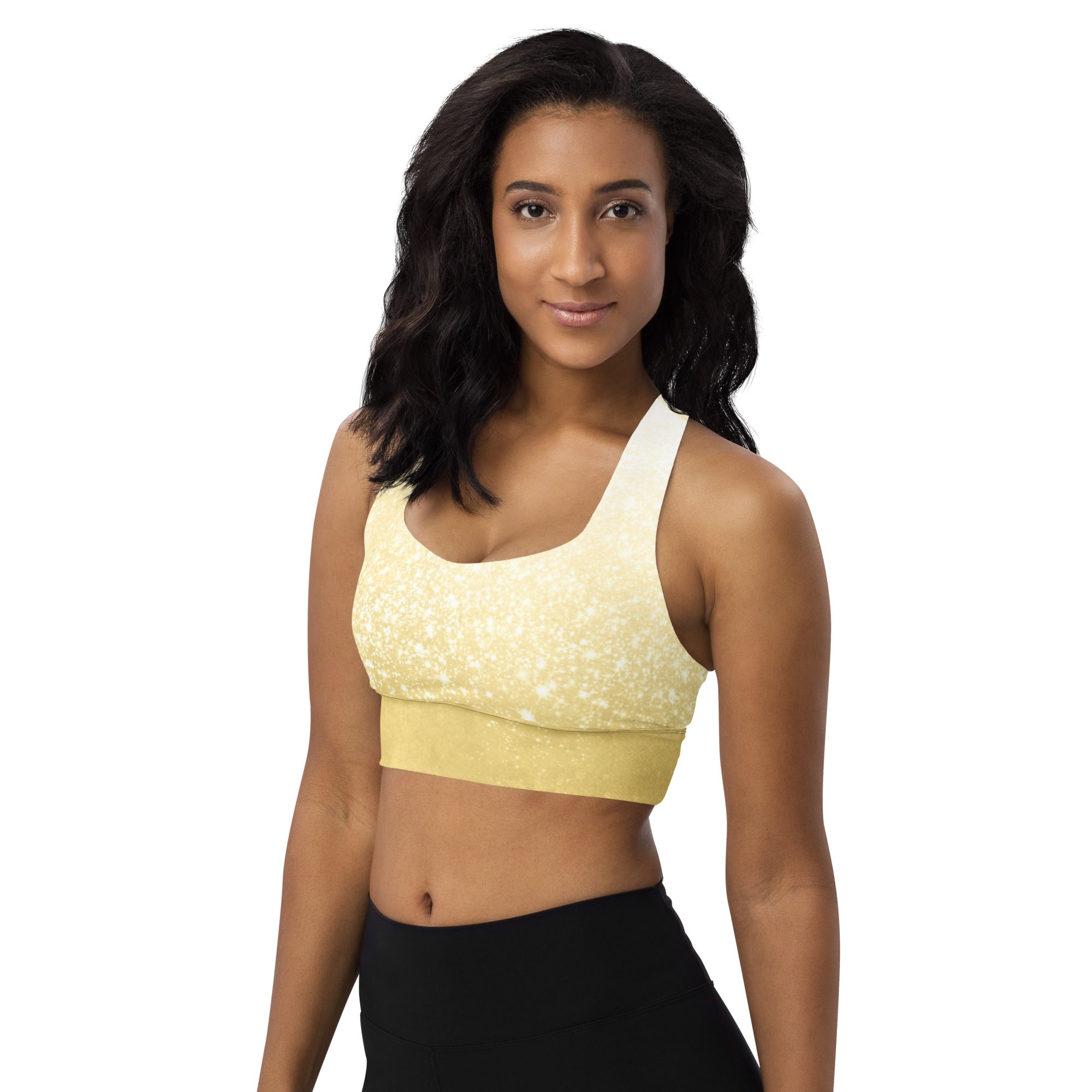 Sparkling Gold Longline Compression Sports Bra – Support & Street Style