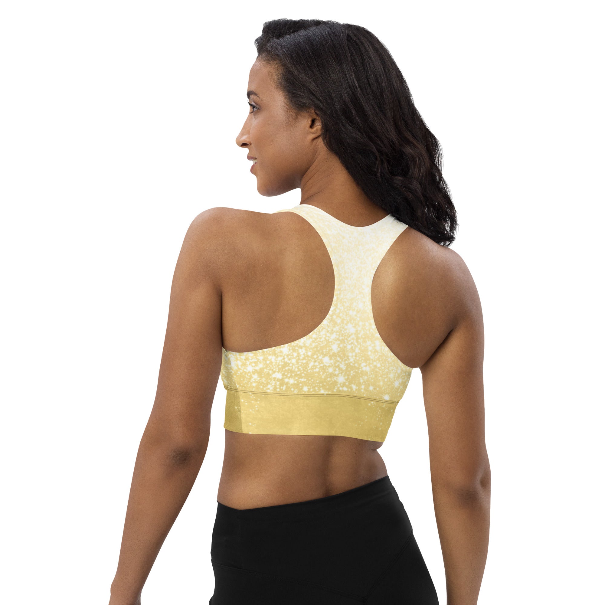 Sparkling Gold Longline Compression Sports Bra – Support & Street Style